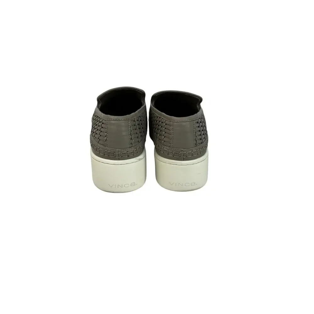 VINCE Stafford Woven Leather Slip-On Sneakers  Grey Platform Shoes Sz 8